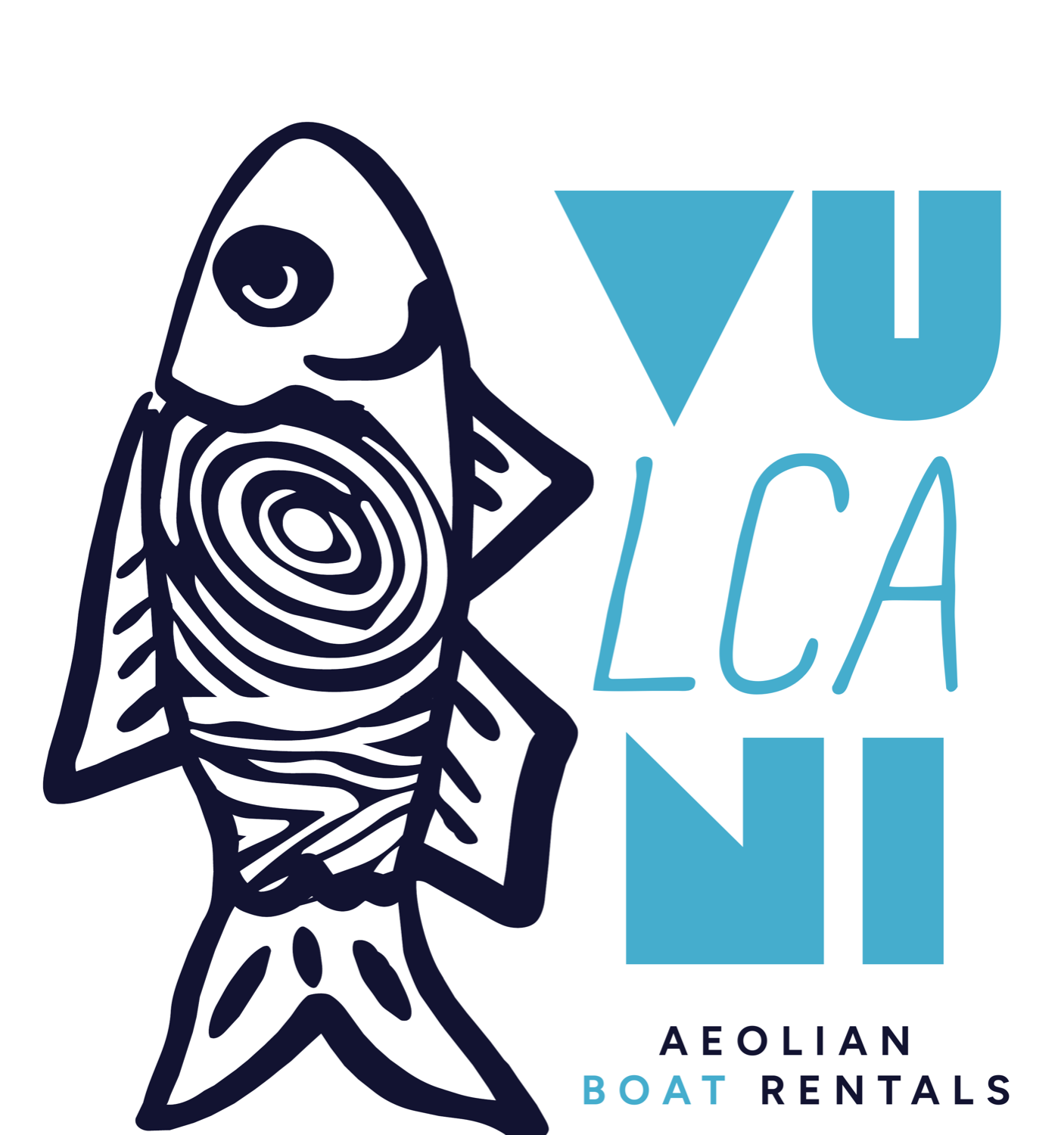 Il logo di Vulcani Aeolian Boat Rentals: un pesce disegnato a mano accanto al wordmark VULCANI