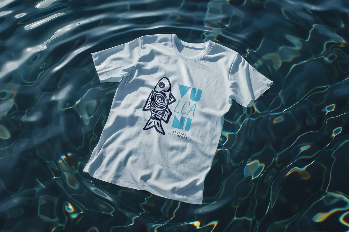 T-shirt bianca con il logo di Vulcani Aeolian Boat Rentals — il pesce disegnato a mano e il wordmark VULCANI — che galleggia sull'acqua cristallina delle Eolie